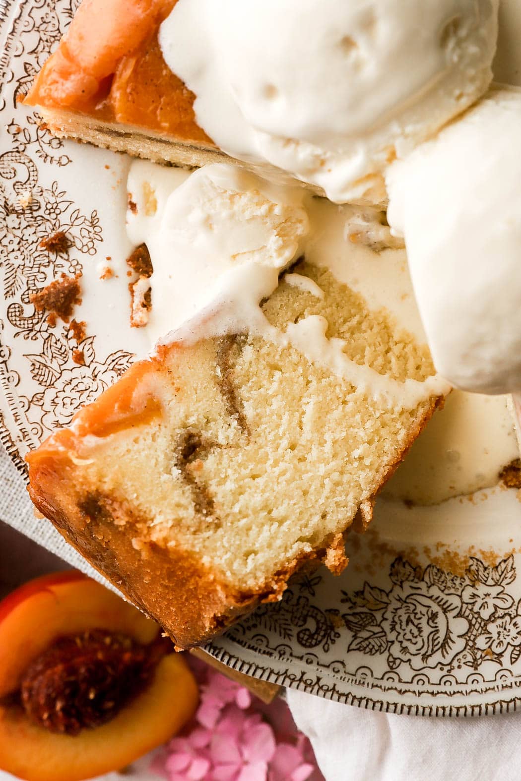 slice of peach cobbler pound cake