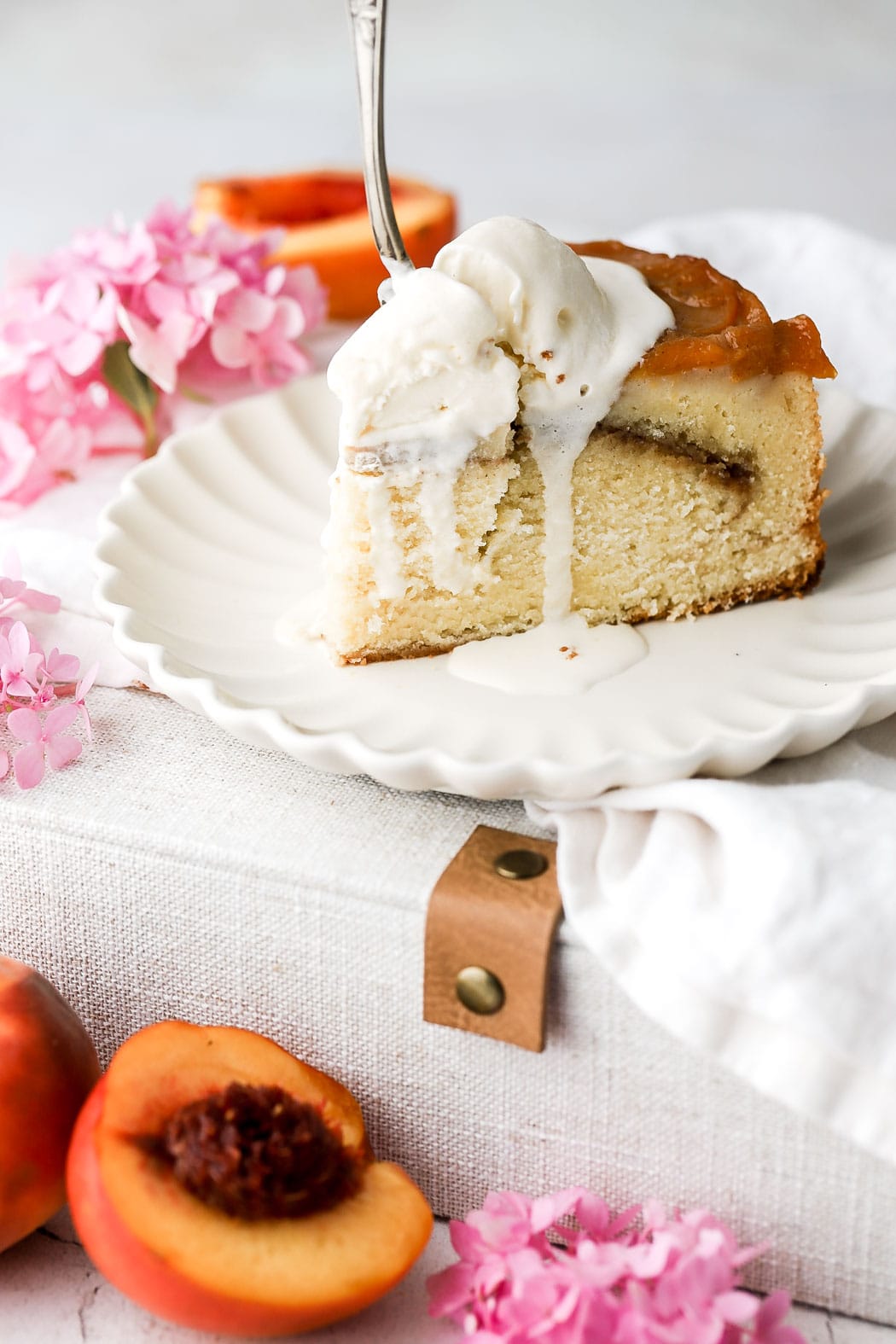 slice of peach cobbler pound cake