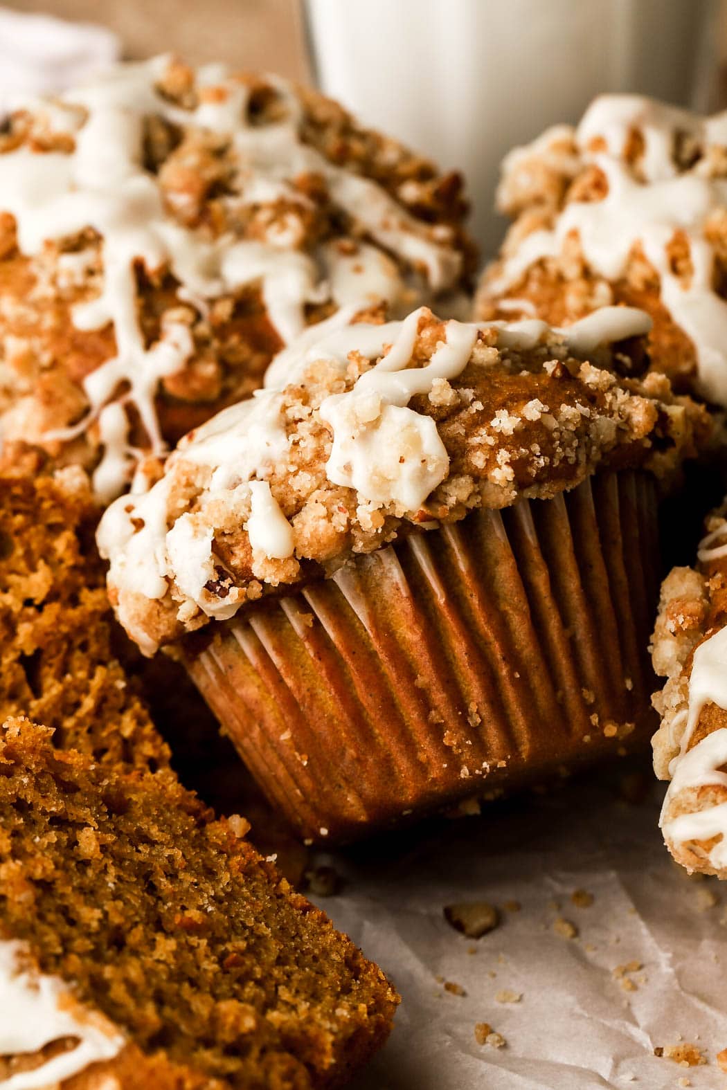 pumpkin muffins with pecan streusel and maple glaze