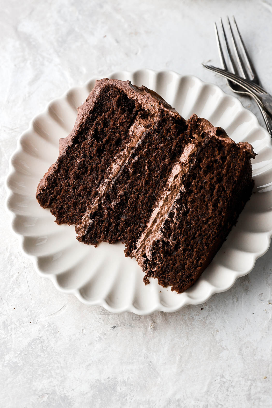 slice of chocolate cake with chocolate frosting