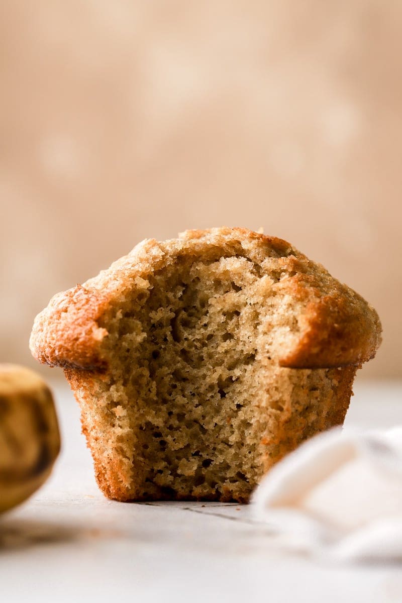 close up of banana muffin with bite taken out