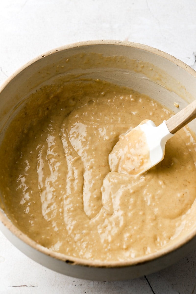 finished batter in a bowl with a spatula