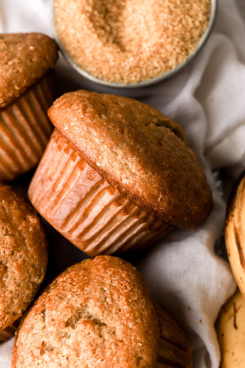 banana bread muffins topped with raw sugar