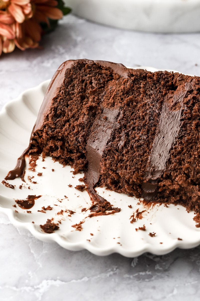 slice of chocolate cake with chocolate ganache filling