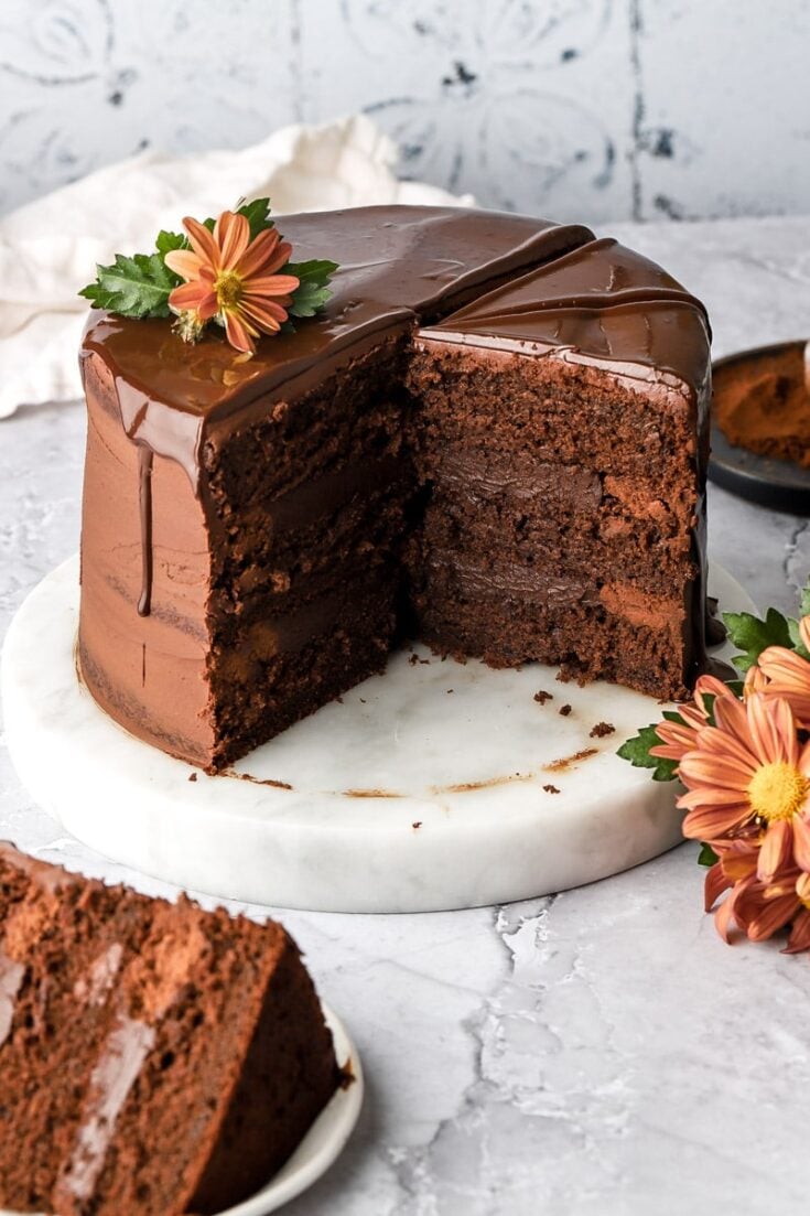 chocolate cake with chocolate ganache filling, whipped chocolate ganache frosting