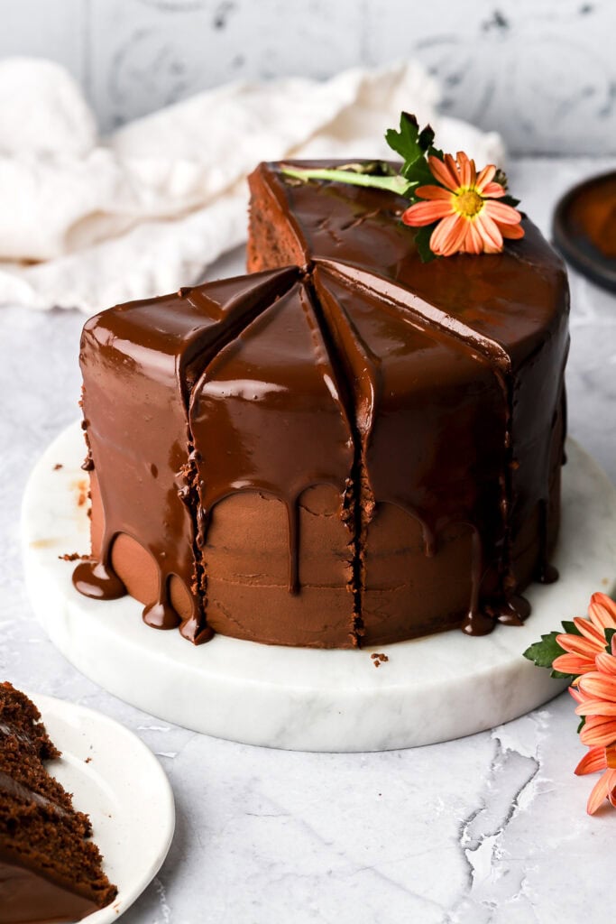 chocolate cake with chocolate drip sliced