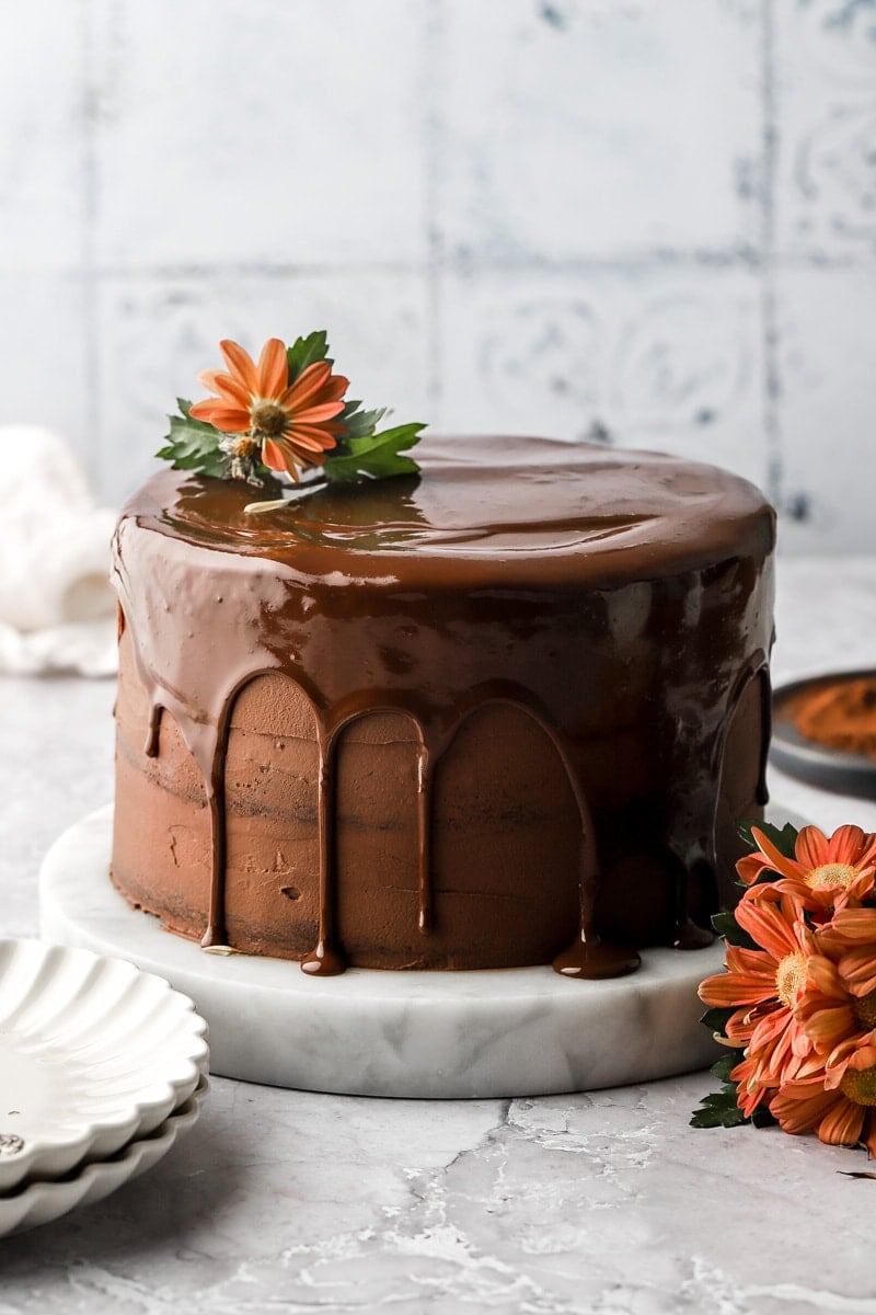 chocolate ganache cake with chocolate drip