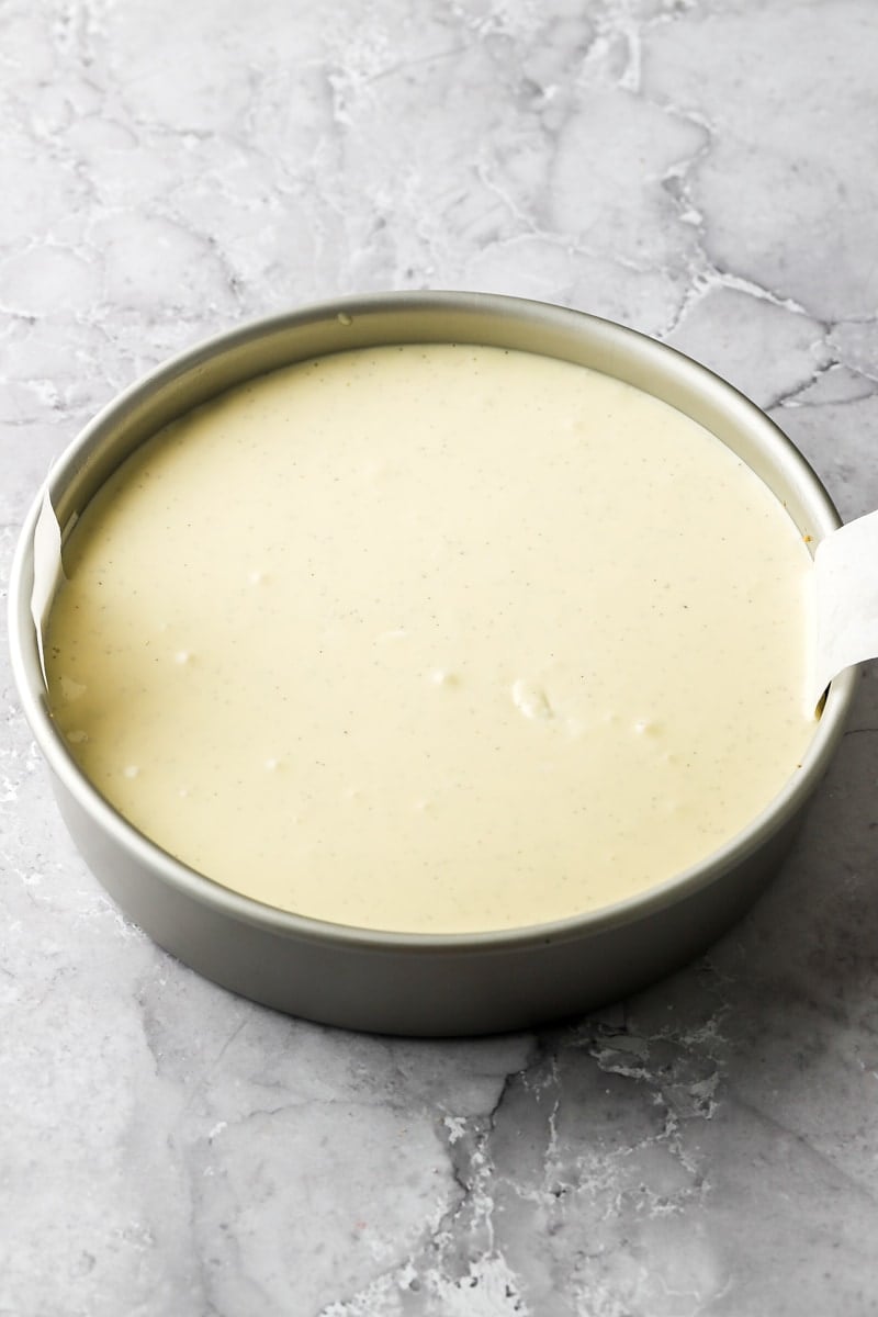 vanilla cheesecake batter in pan, unbaked