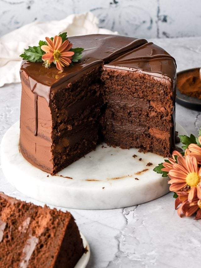 chocolate cake with chocolate ganache filling, whipped chocolate ganache frosting