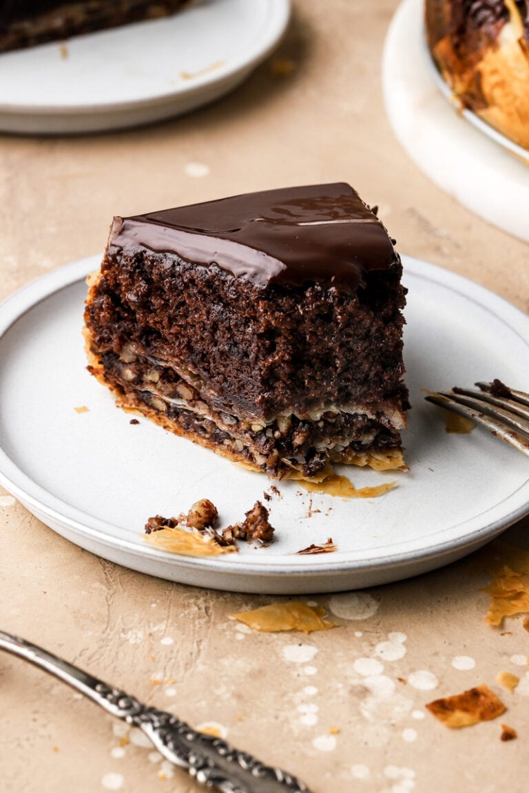slice of chocolate baklava cake on a plate