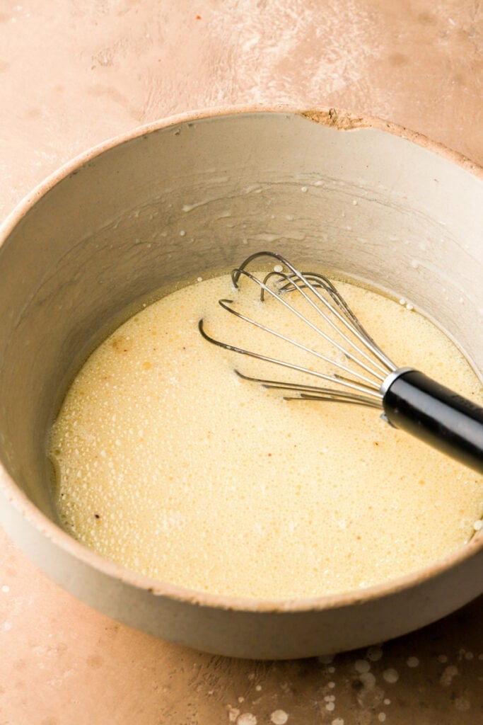 wet ingredients mixed for cake batter