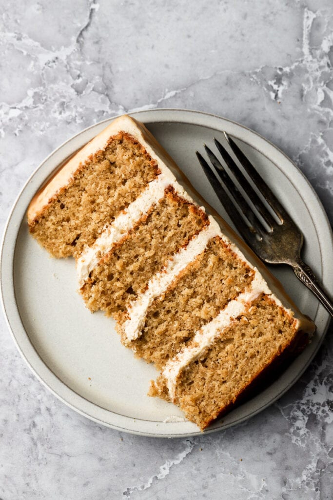 slice of maple spice cake on a plate