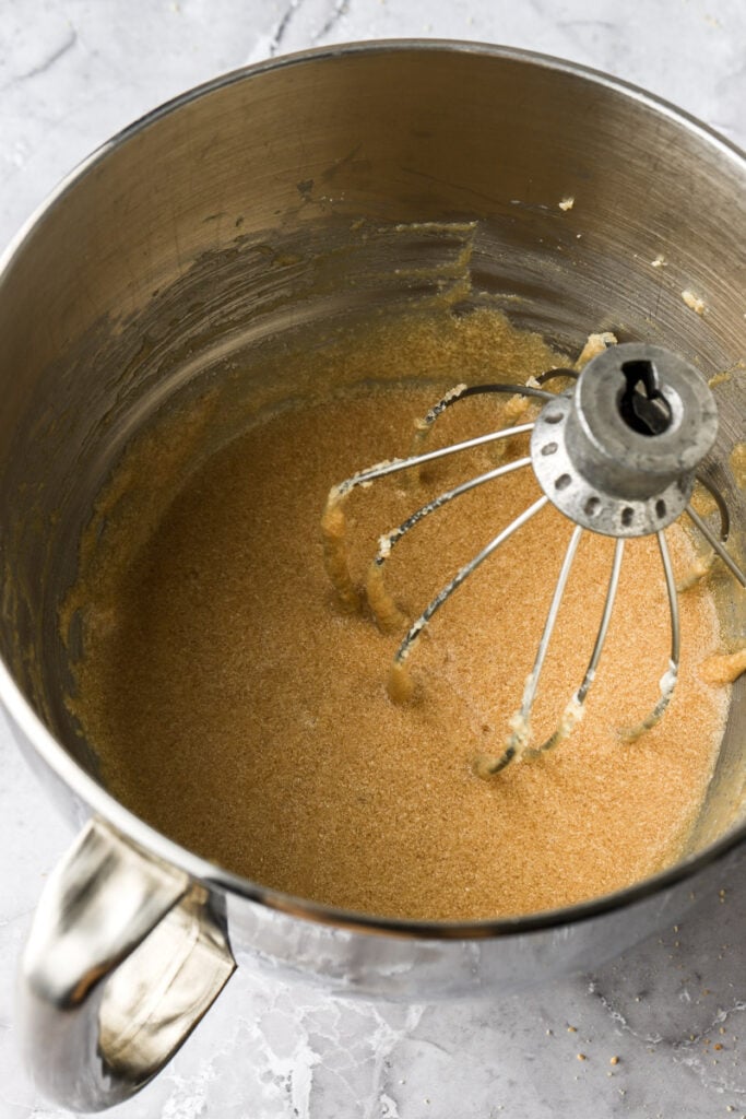 butter, sugar, oil and maple whisked