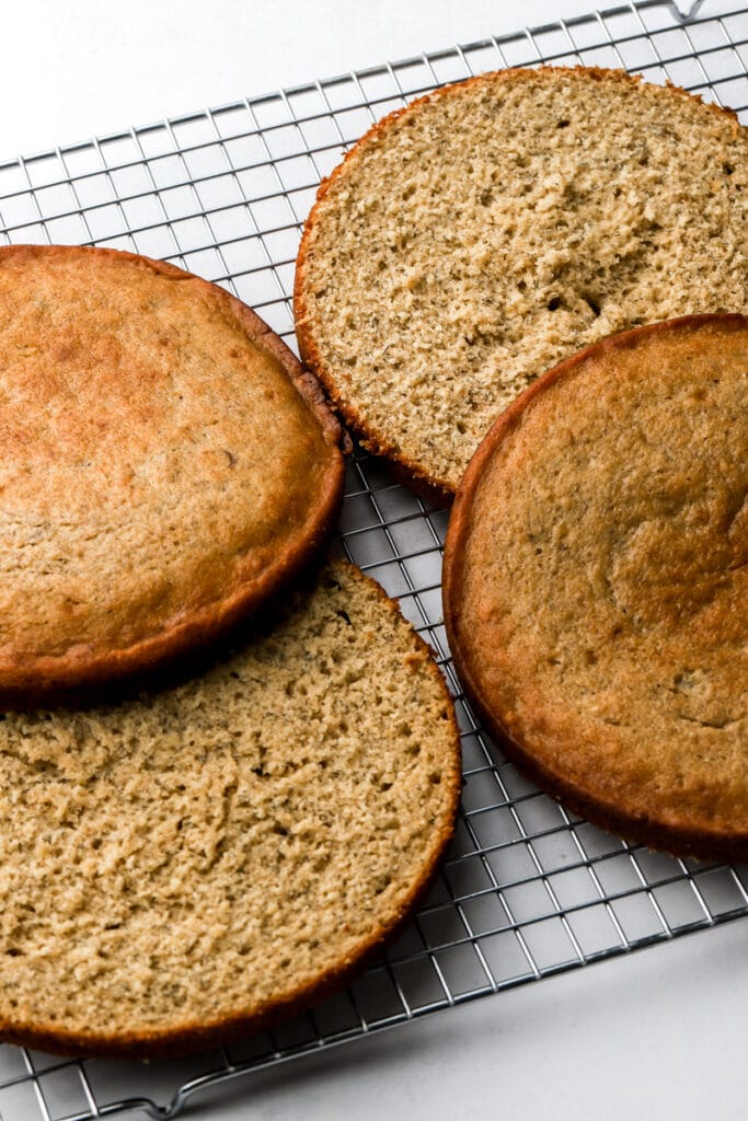 banana cake layers cut in half