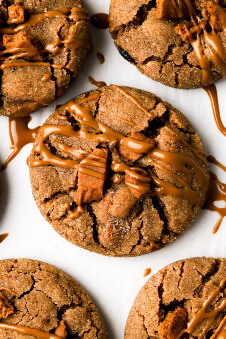 cookies laying flat with cookie butter drizzle