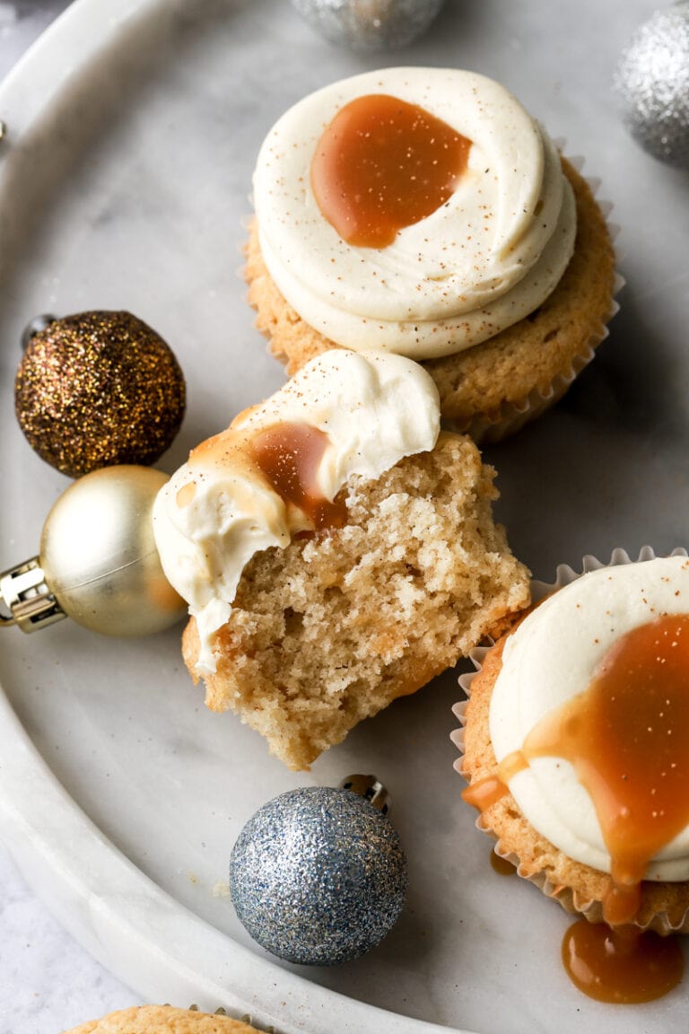 eggnog cupcakes with spiced rum caramel cut open
