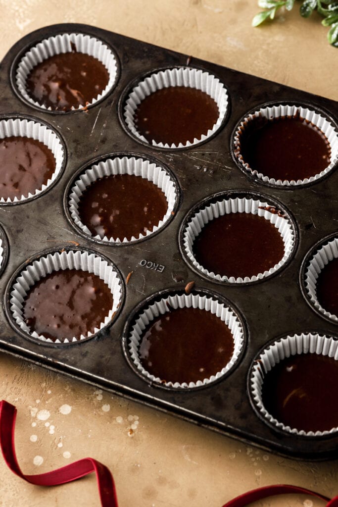 chocolate cupcake batter in a pan