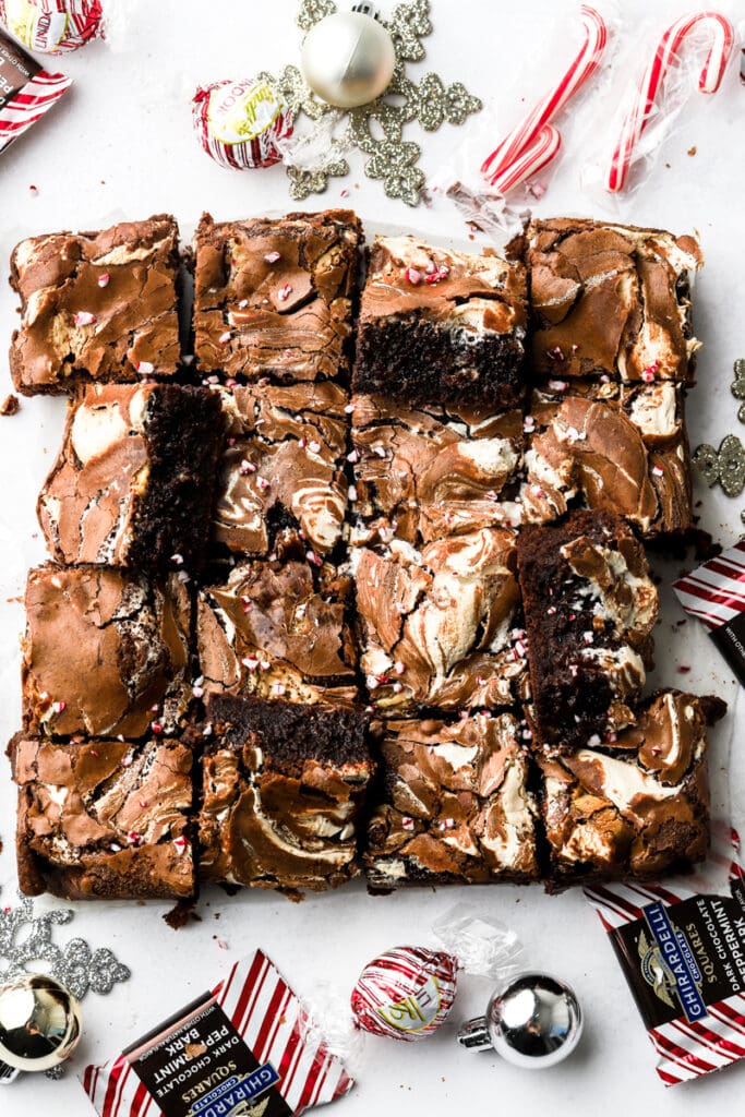 sliced marshmallow peppermint brownies