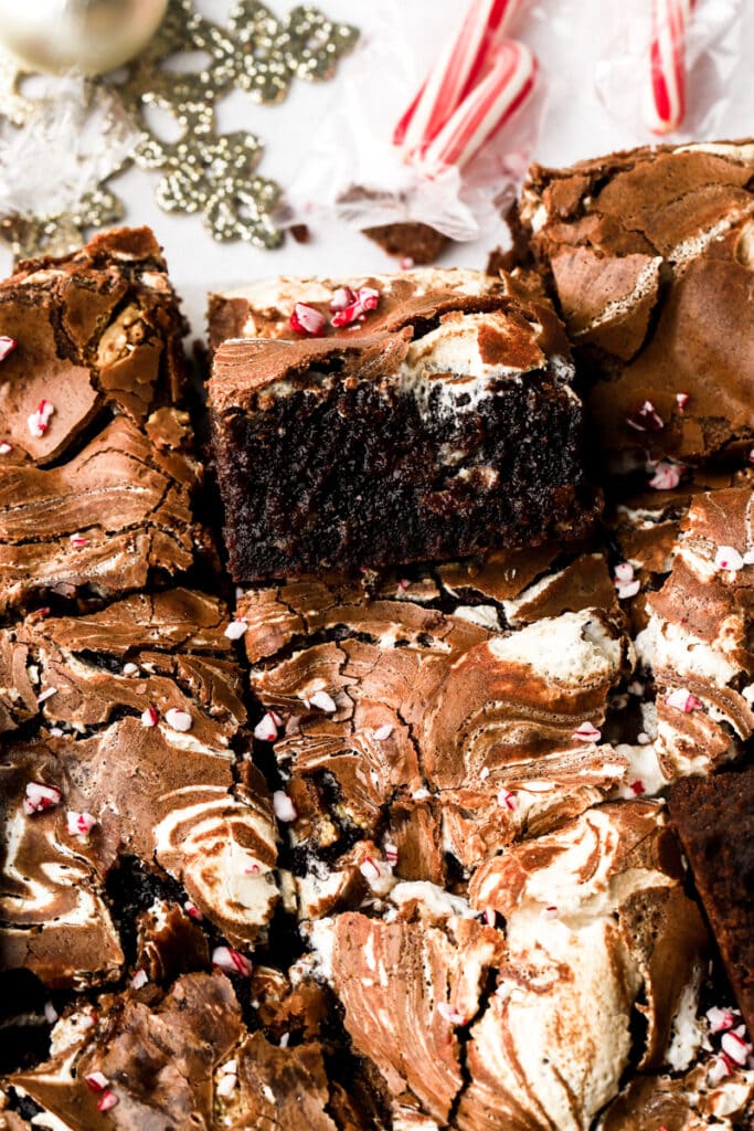 close up of peppermint brownies