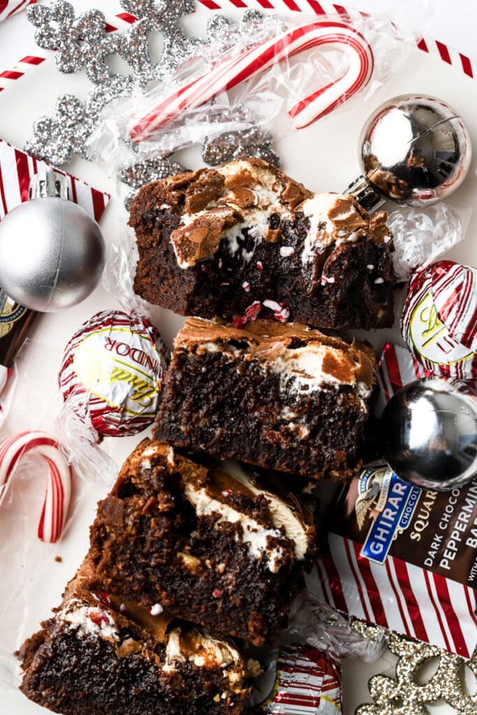 marshmallow peppermint brownies stacked