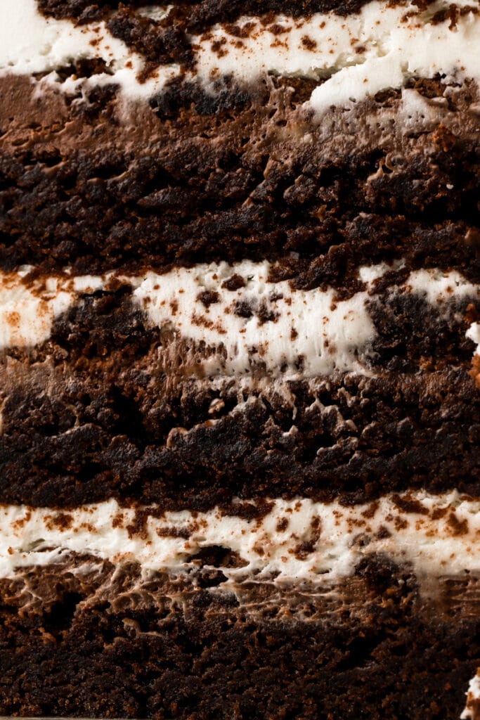 close up of all the layers - brownie, chocolate frosting, brownie chunks, cream cheese frosting, repeat