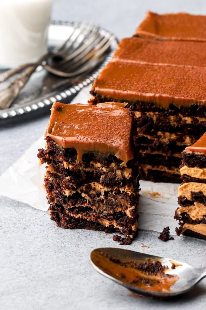 slice of chocotorta with bites taken out