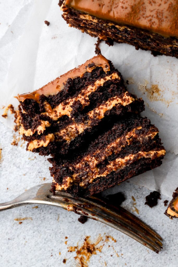 slice of chocotorta on it's back with a fork 