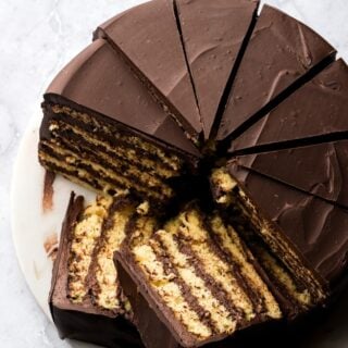 prinzregententorte sliced with two slices laying down