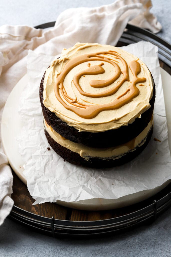 chocolate cake with peanut butter frosting and swirls
