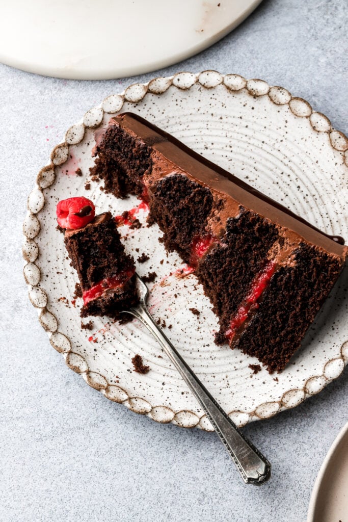 slice of chocolate raspberry cake on a plate