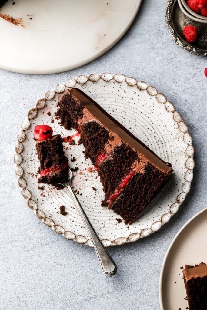 chocolate raspberry cake slice on a plate