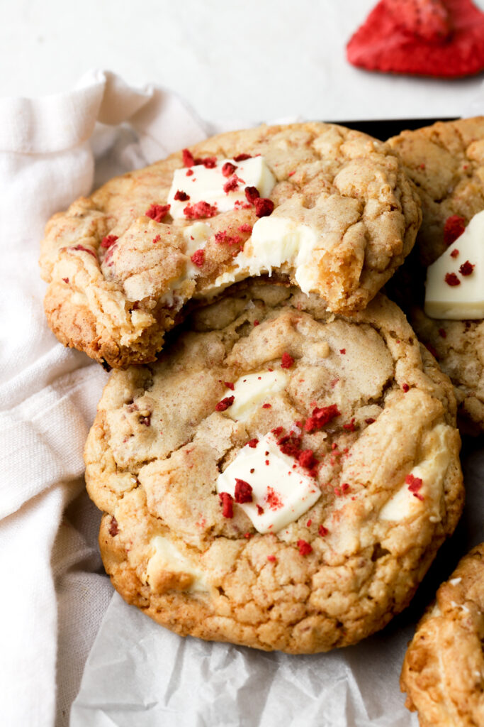 close up of white chocolate strawberry cookies
