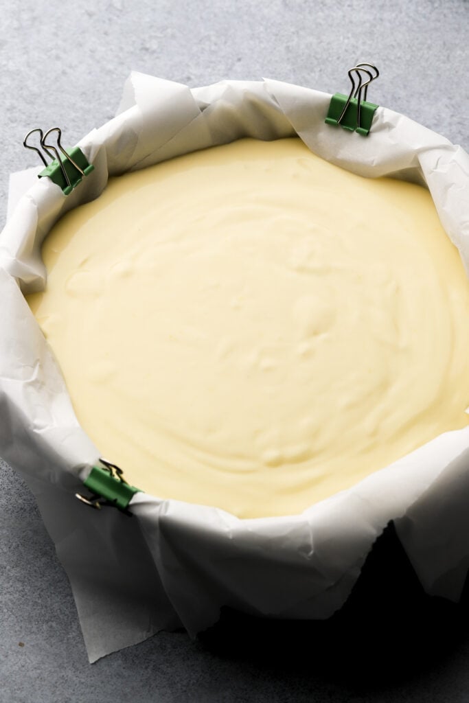 cheesecake batter in prepared pan