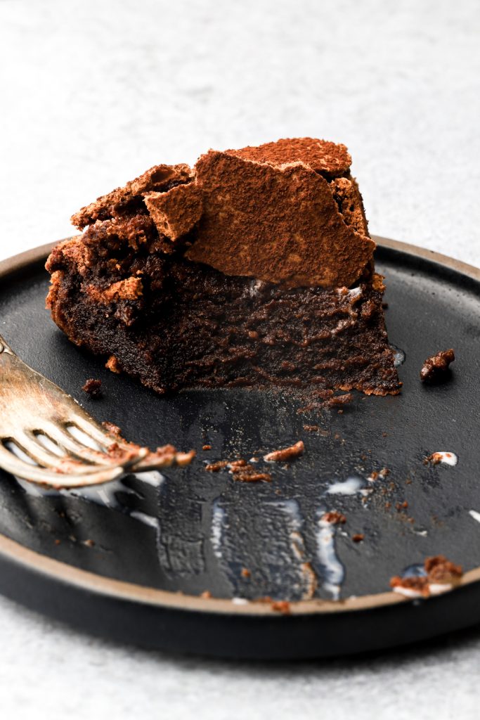 leftover bite of chocolate cake on a plate