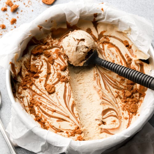 lotus biscoff ice cream with scoop in the bowl
