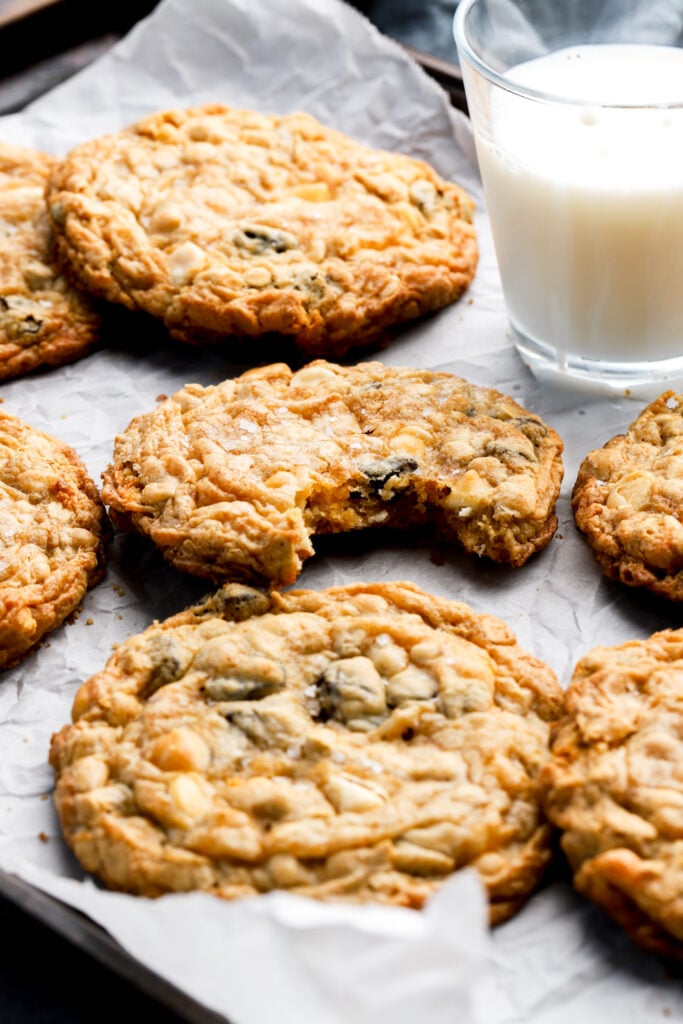 close up of white chocolate oatmeal cookies