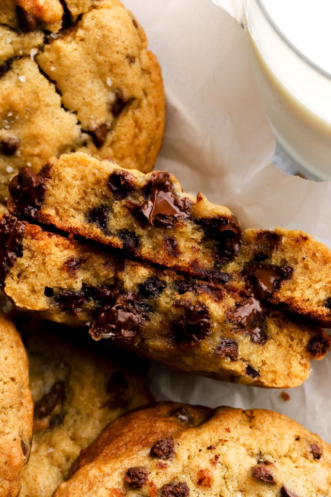 a close up of chocolate chip cookie inside that is cut in half