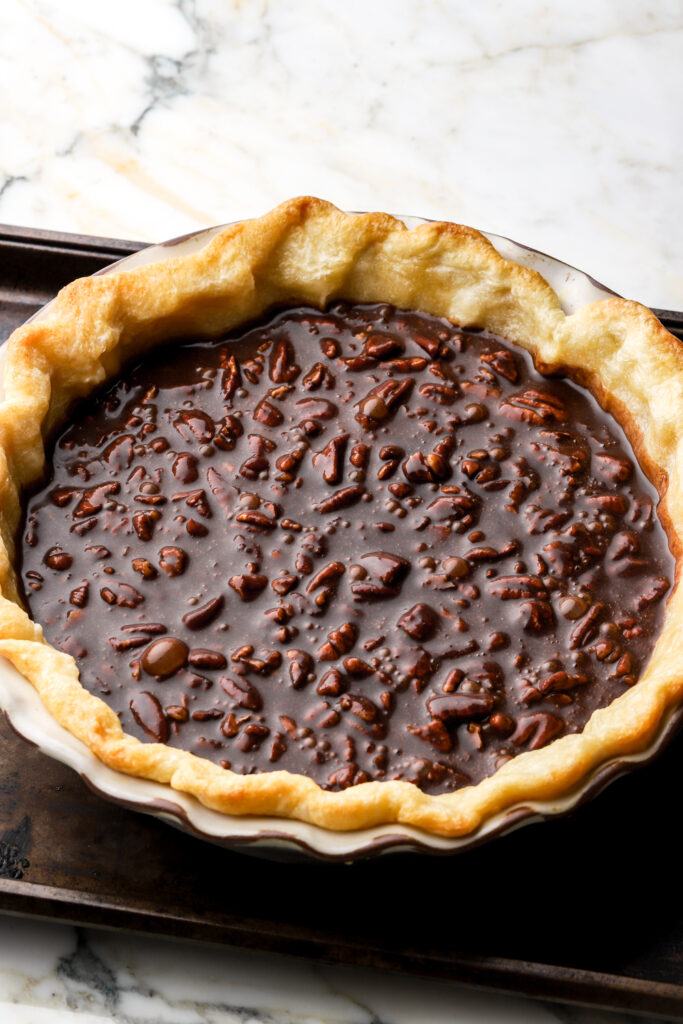 chocolate filling poured into par-baked crust