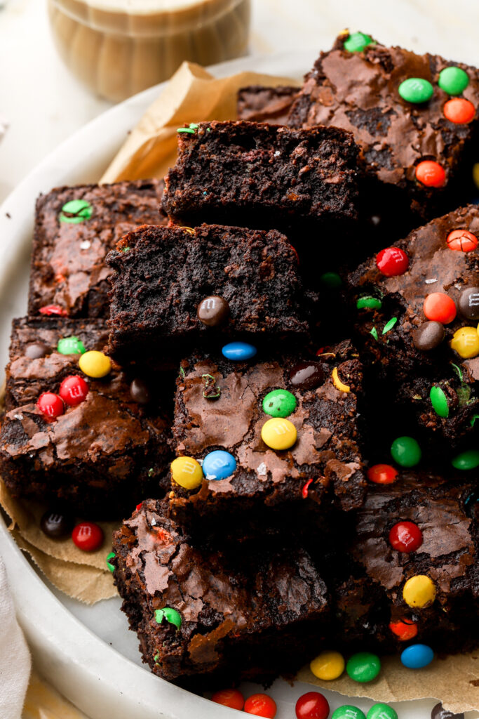 M&M Brownies sliced on a tray