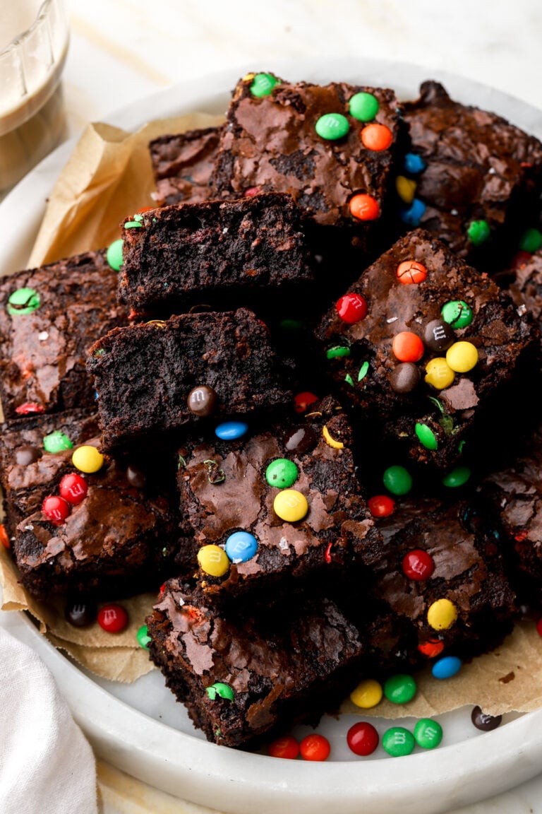 M&M Brownies sliced in a marble tray