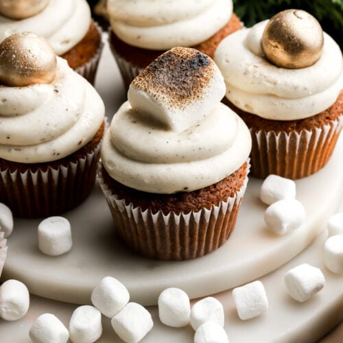 gingerbread cupcakes frosted with toasted marshmallow cream cheese frosting