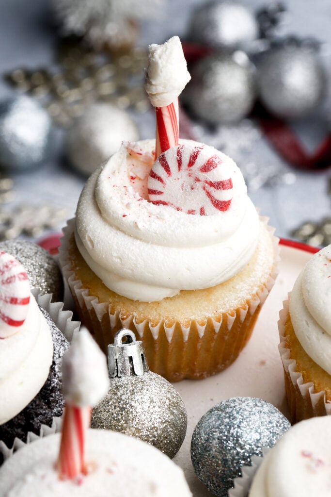 white chocolate peppermint cupcakes frosted with north pole decoration