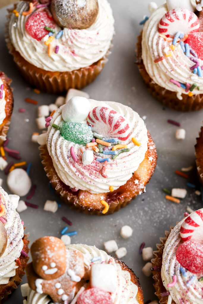 sugar plum fairy inspired cupcakes topped with candies and sprinkles