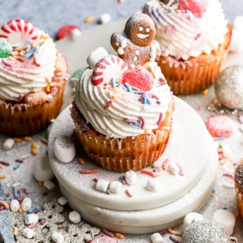sugar plum fairy inspired cupcakes topped with candies and sprinkles
