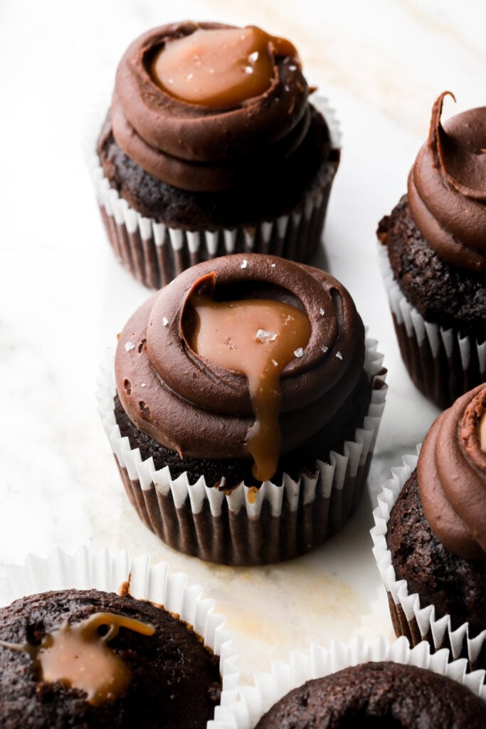 chocolate caramel cupcakes topped with sea salt