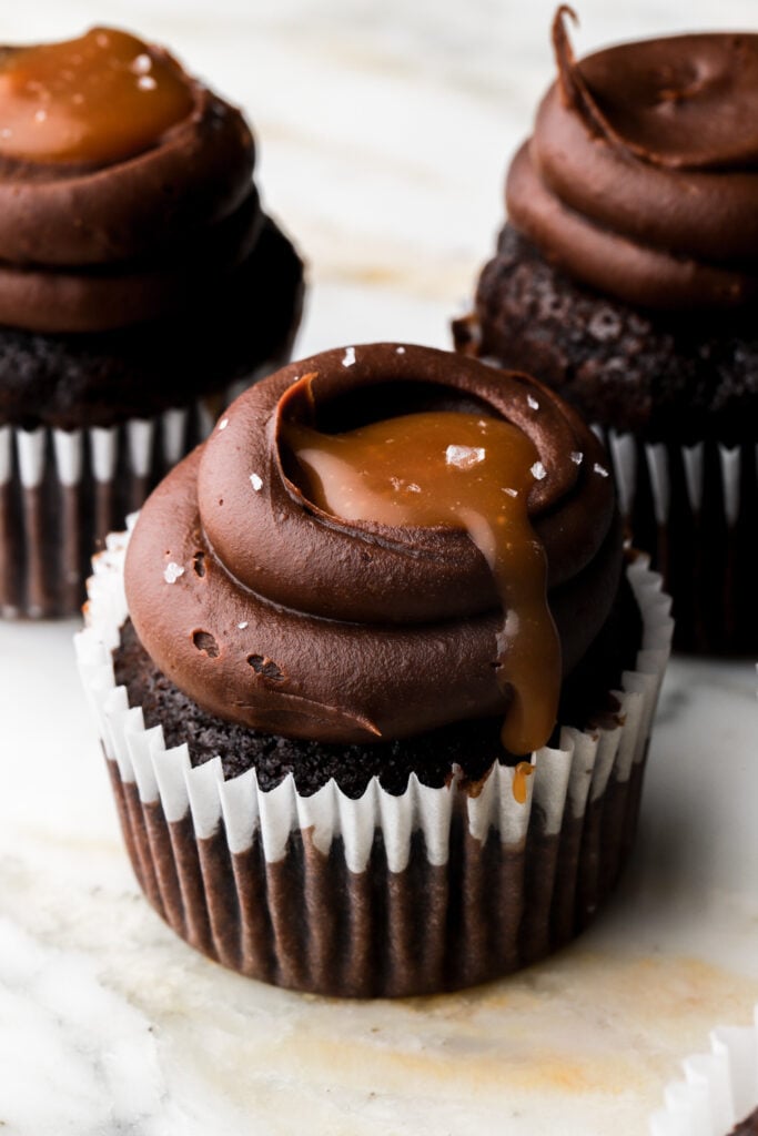 chocolate caramel cupcakes topped with sea salt