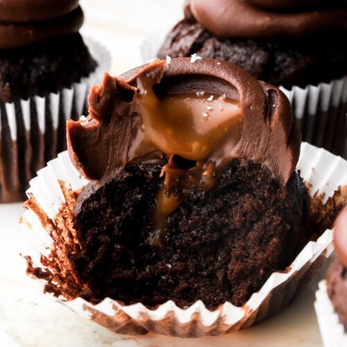 chocolate cupcakes filled with salted caramel sauce and topped with chocolate ganache
