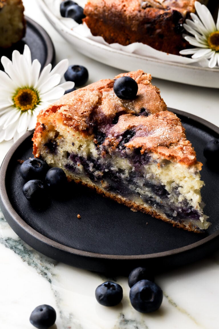 blueberry muffin cake slice on a plate