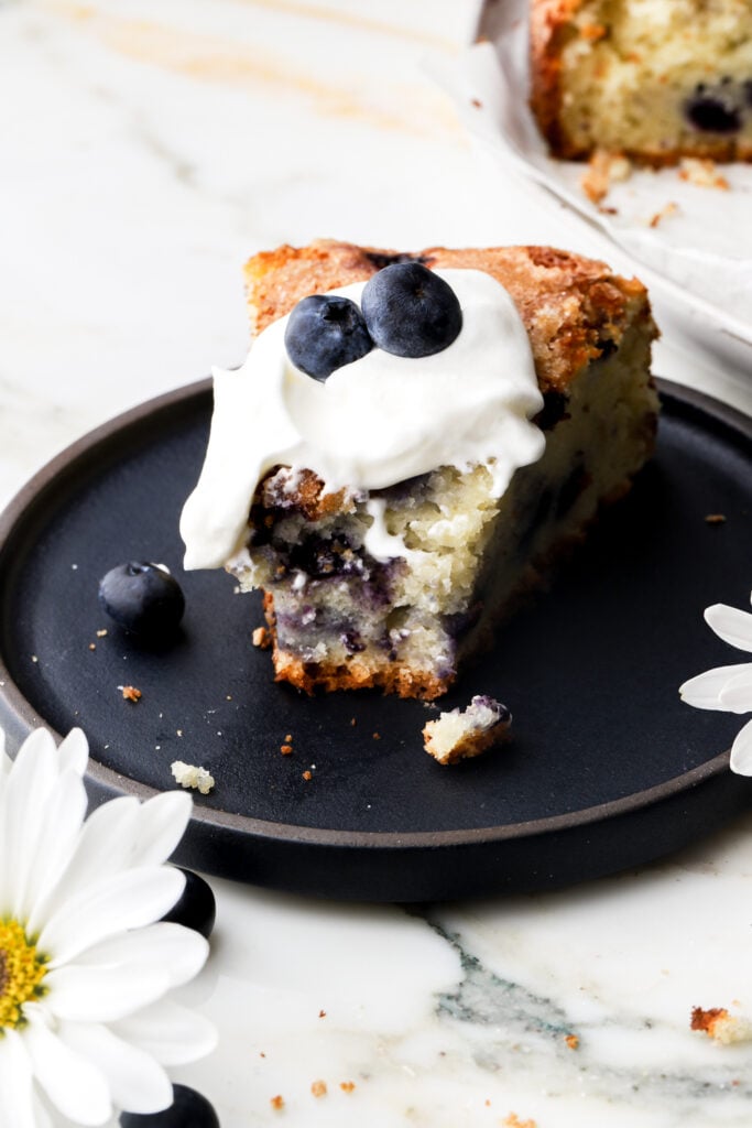 slice of blueberry cake on a plate with whipped cream
