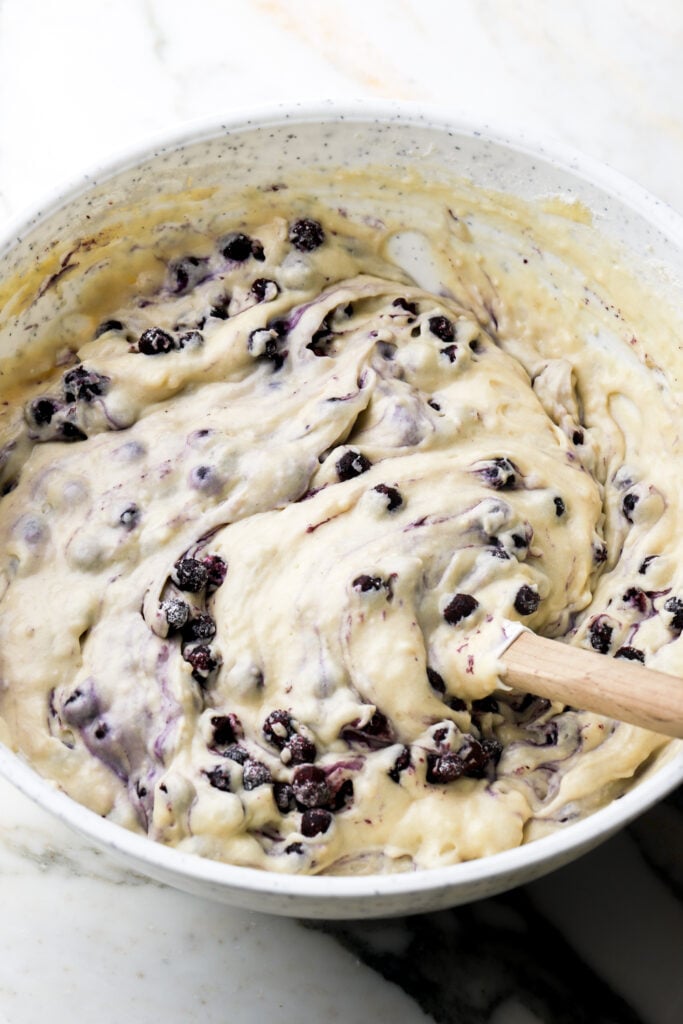 blueberries mixed into batter